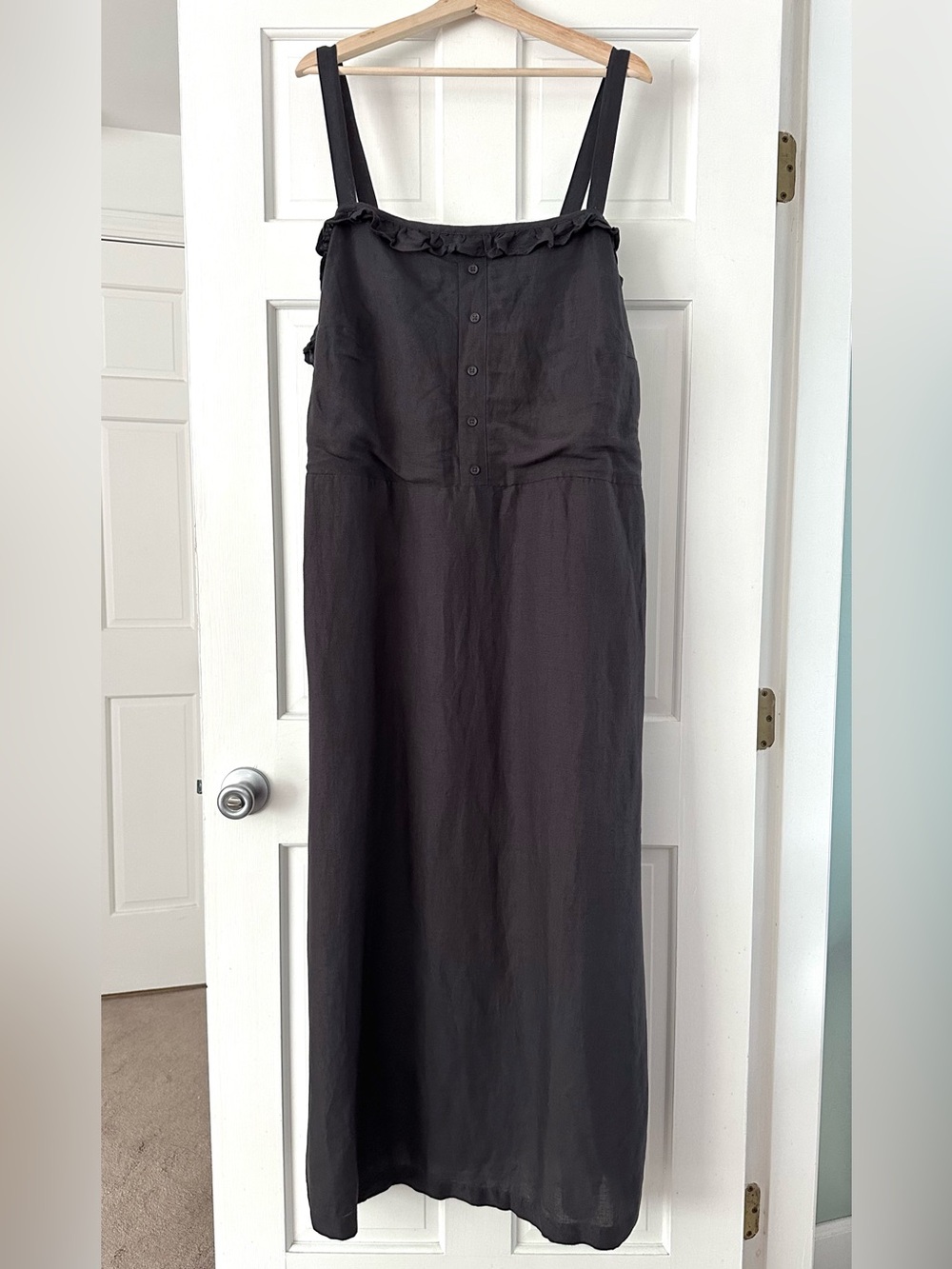 ABLE Black Linen Blend Maxi Dress Ruffle-Trim Button Front Adjustable Straps 2X